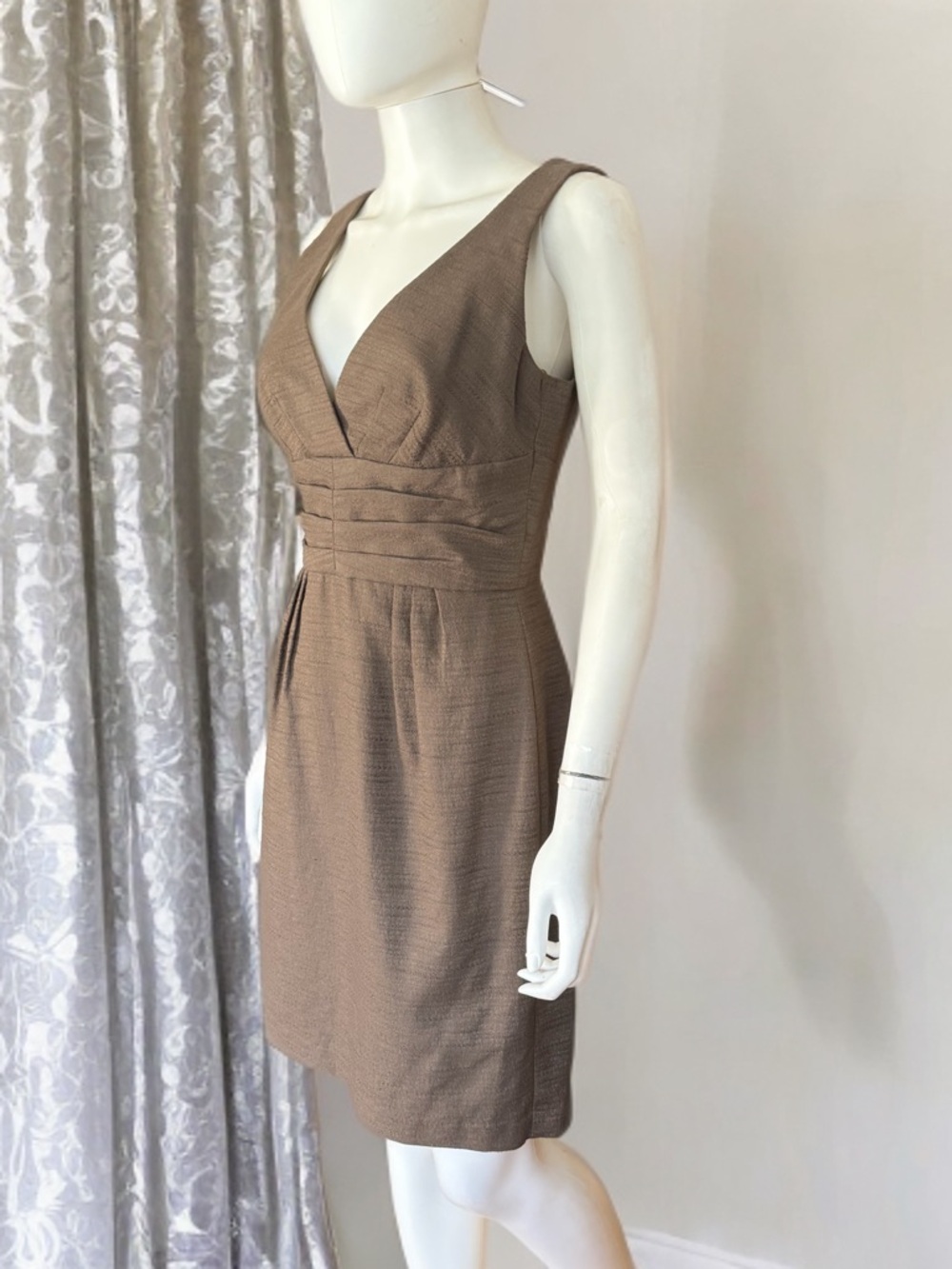 Trina Turk Brown Silk Linen Deep V-Neck Midi Dress